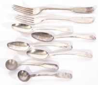 Mixed Lot: silver flatwares comprising set of four George III Fiddle pattern tea spoons, London