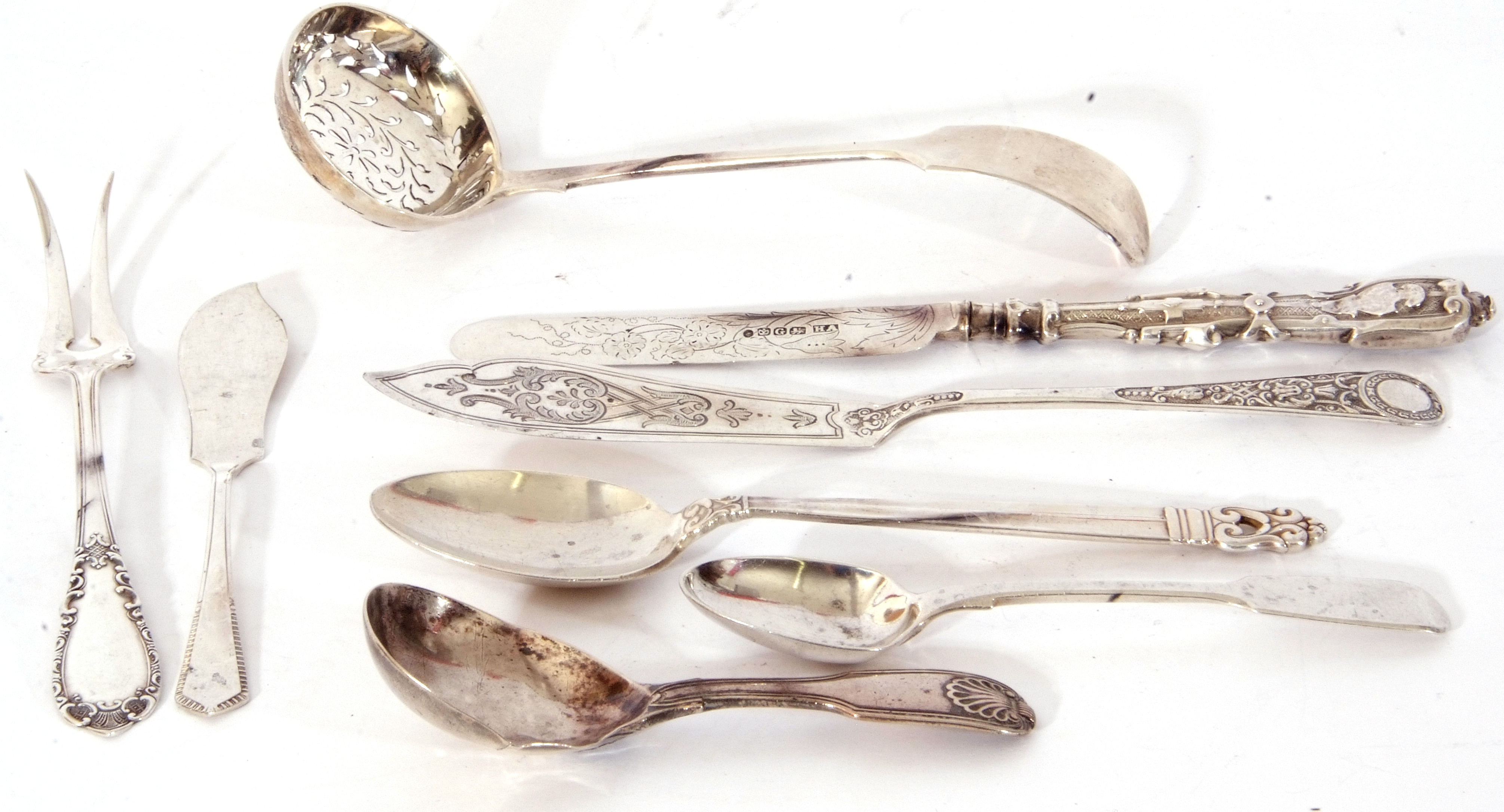 Mixed Lot: various silver and white metal flatwares to include a Victorian Fiddle pattern sifting