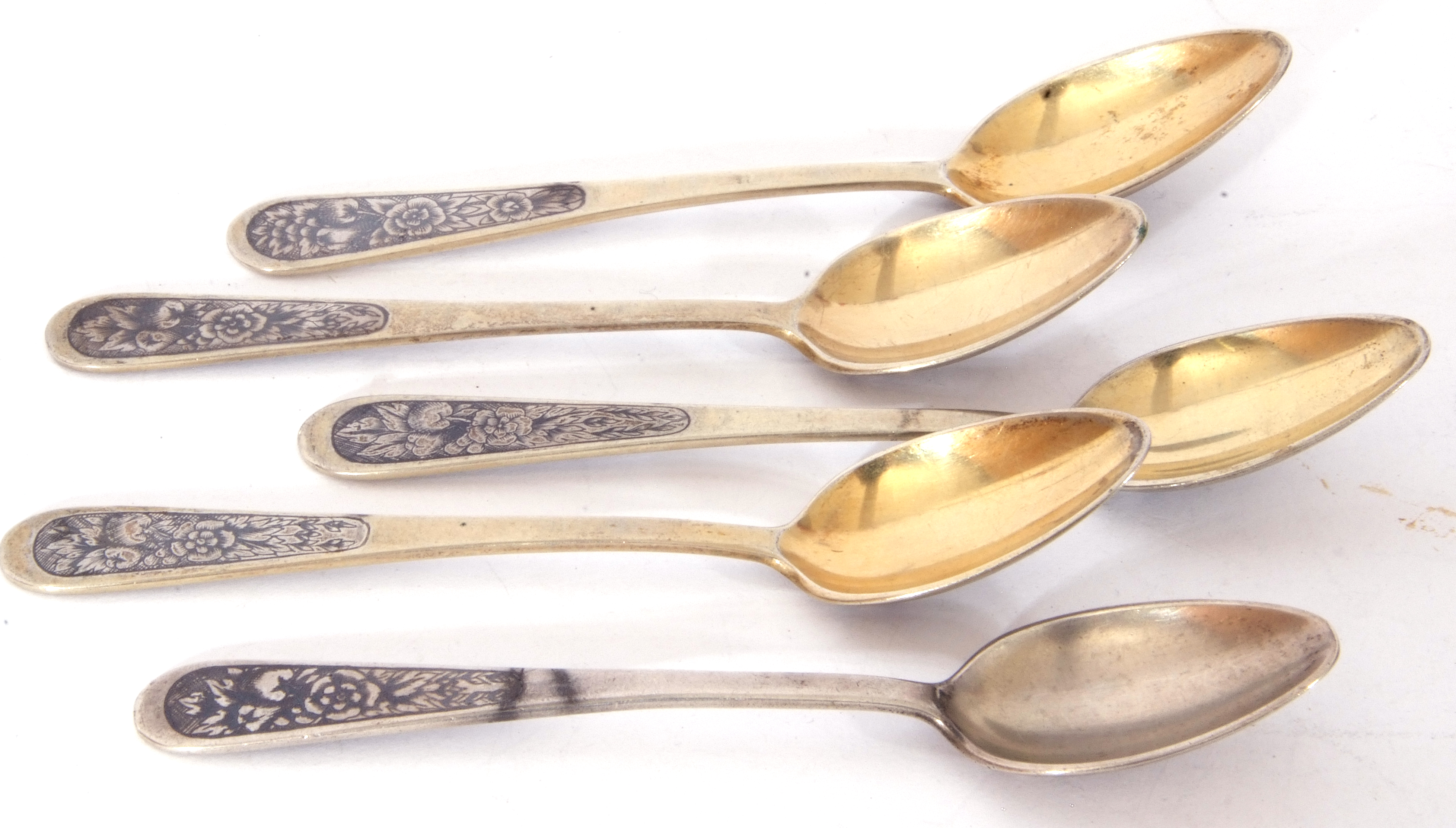 Set of five white metal and niello decorated tea spoons, possibly Russian, no makers marks apparent - Image 3 of 4