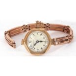 Ladies second quarter of 20th century hallmarked 9ct gold cased wrist watch, with blued steel