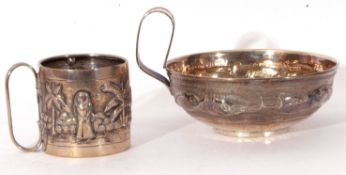 Mixed Lot: Indian white metal cup of circular form decorated with a continuous village scene,