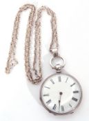 Last quarter of 19th century white metal cased large fob watch having blued steel hands to a white