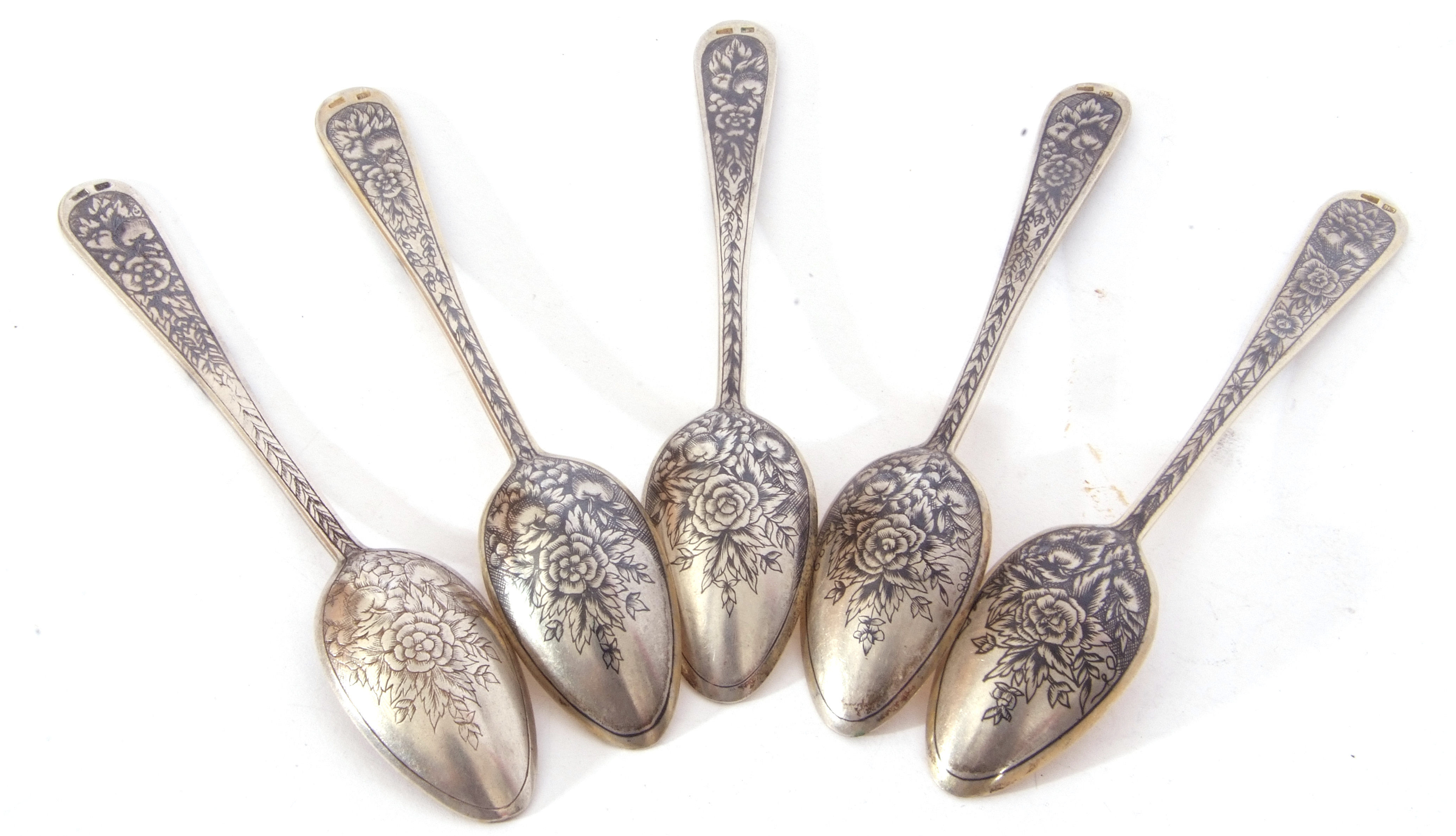 Set of five white metal and niello decorated tea spoons, possibly Russian, no makers marks apparent - Image 4 of 4