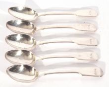 Set of five George IV silver Fiddle pattern table spoons, London 1829, maker's mark A B Savory, 15cm