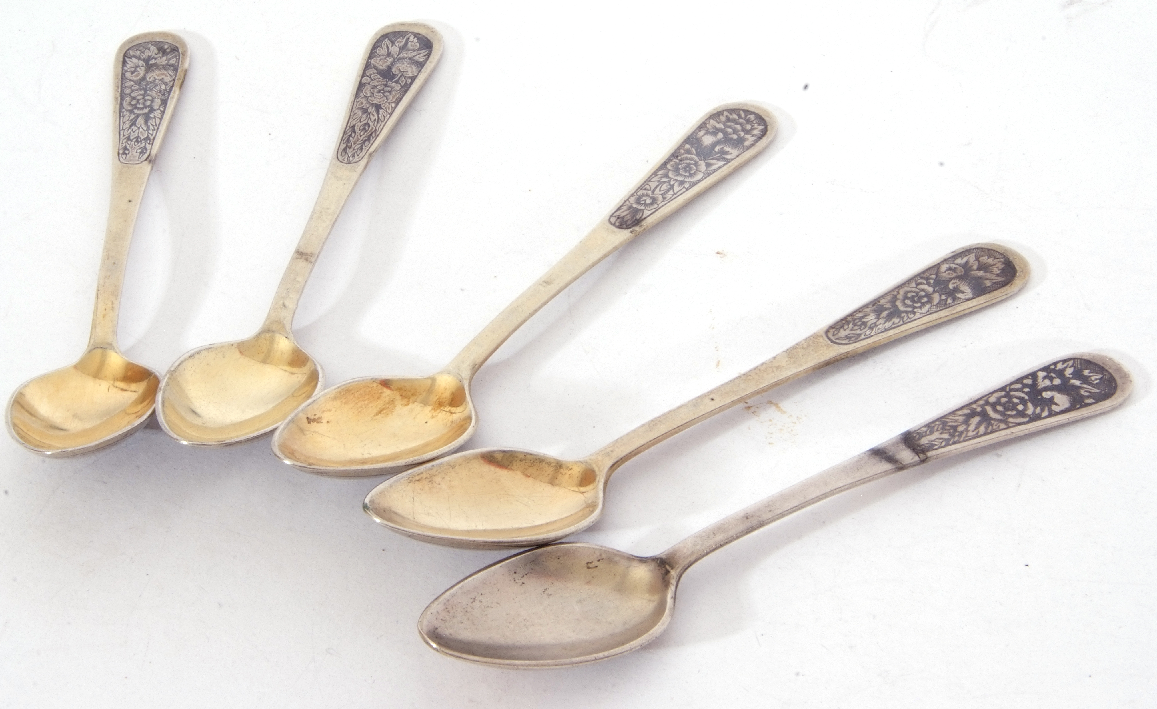 Set of five white metal and niello decorated tea spoons, possibly Russian, no makers marks apparent - Image 2 of 4