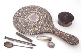 Mixed Lot: comprising a large silver mounted and bevelled hand mirror bearing Chester hallmark,
