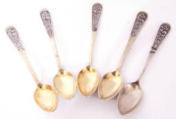 Set of five white metal and niello decorated tea spoons, possibly Russian, no makers marks apparent