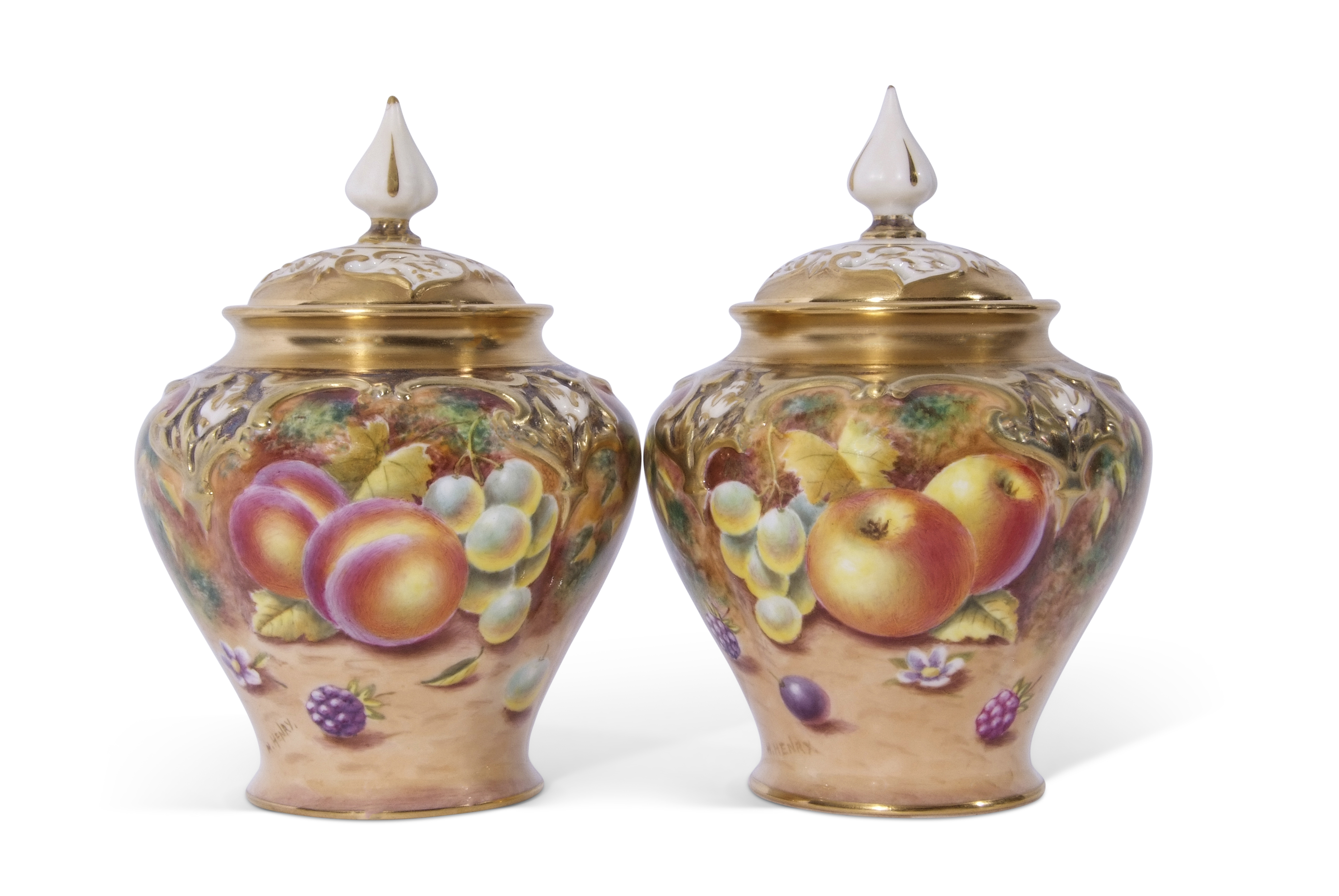 Small pair of Royal Worcester vases decorated with fruit, both signed H Henry, Royal Worcester black