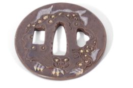 Japanese Tsuba with silver and gilt decoration, 8cm diam