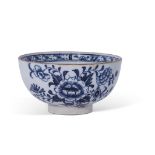 Large Lowestoft tea bowl decorated in underglaze blue with a floral design, 9cm diam