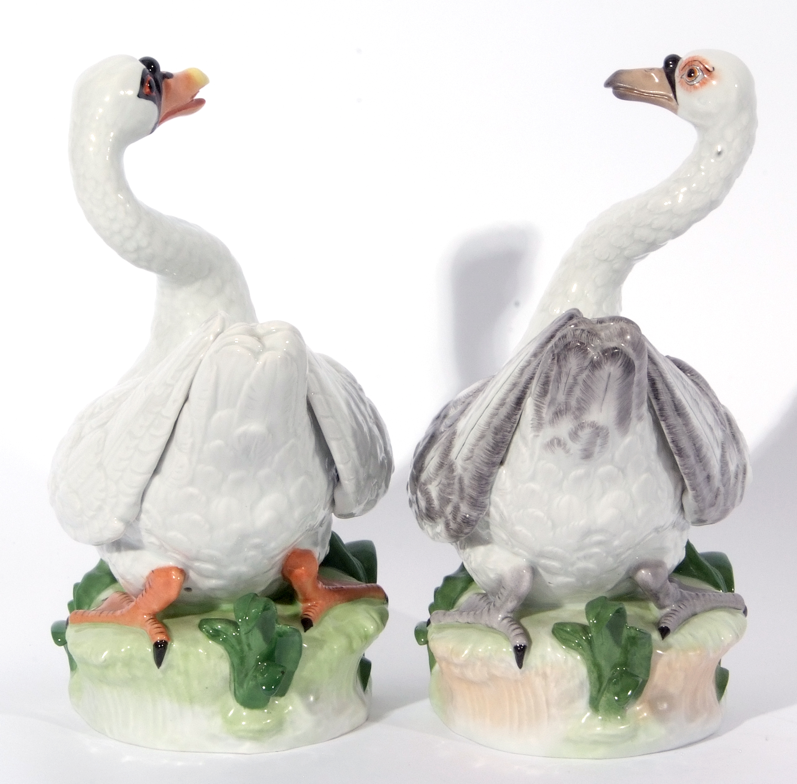 Large pair of Dresden porcelain swans on green leafy bases, modelled in Meissen style, 31cm high ( - Image 3 of 7