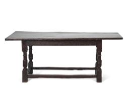 17th century and later oak refectory table, the later top raised on ring turned and balustered