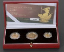 2004 proof Britannia gold three-coin set (boxed), contains half ounce, quarter ounce and tenth ounce