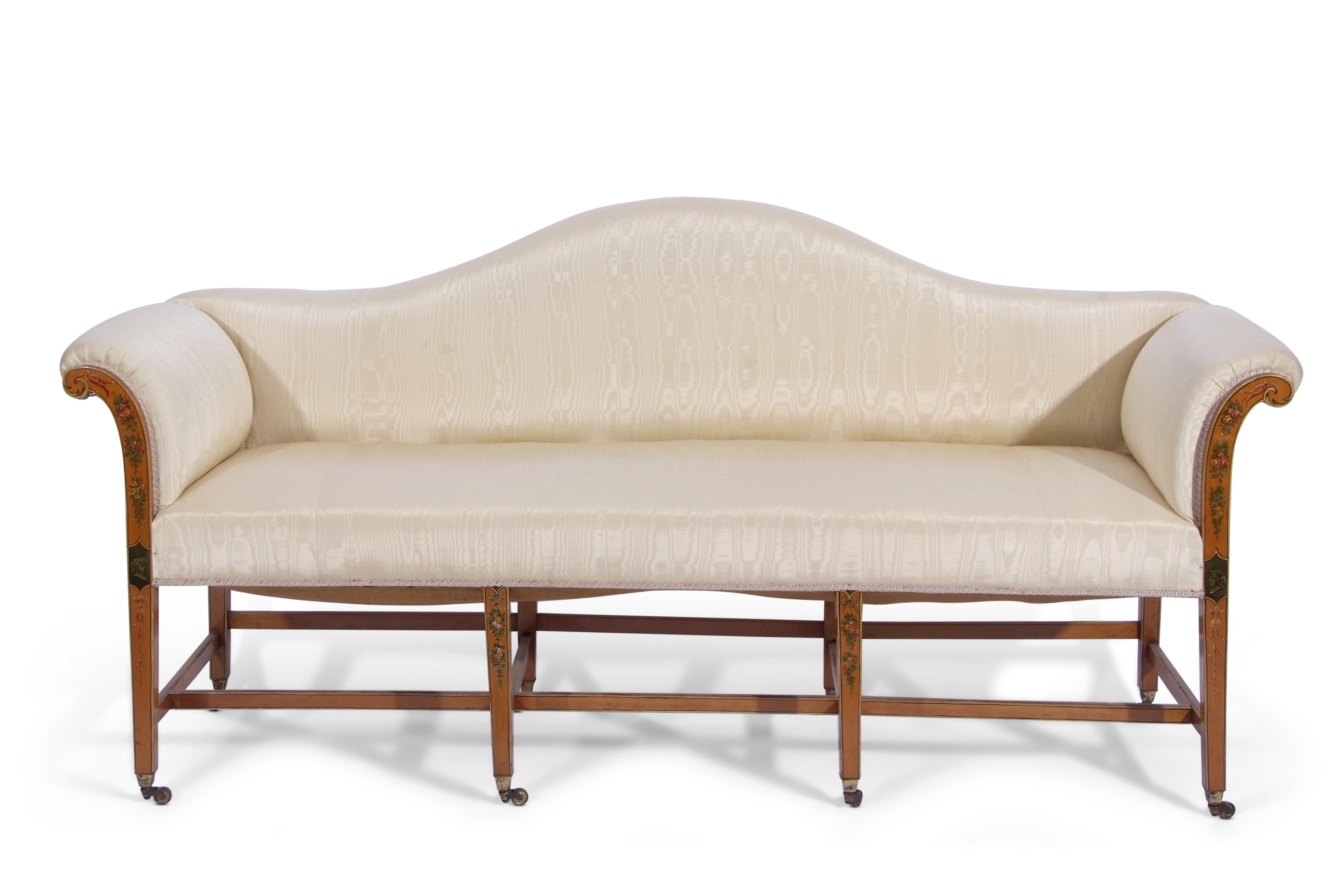Edwardian Georgian style painted satinwood three-seated hump-back sofa on eight tapering square legs
