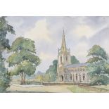 British, 20th Century, ªA parish church and churchyard with background foliage and foreground trees.