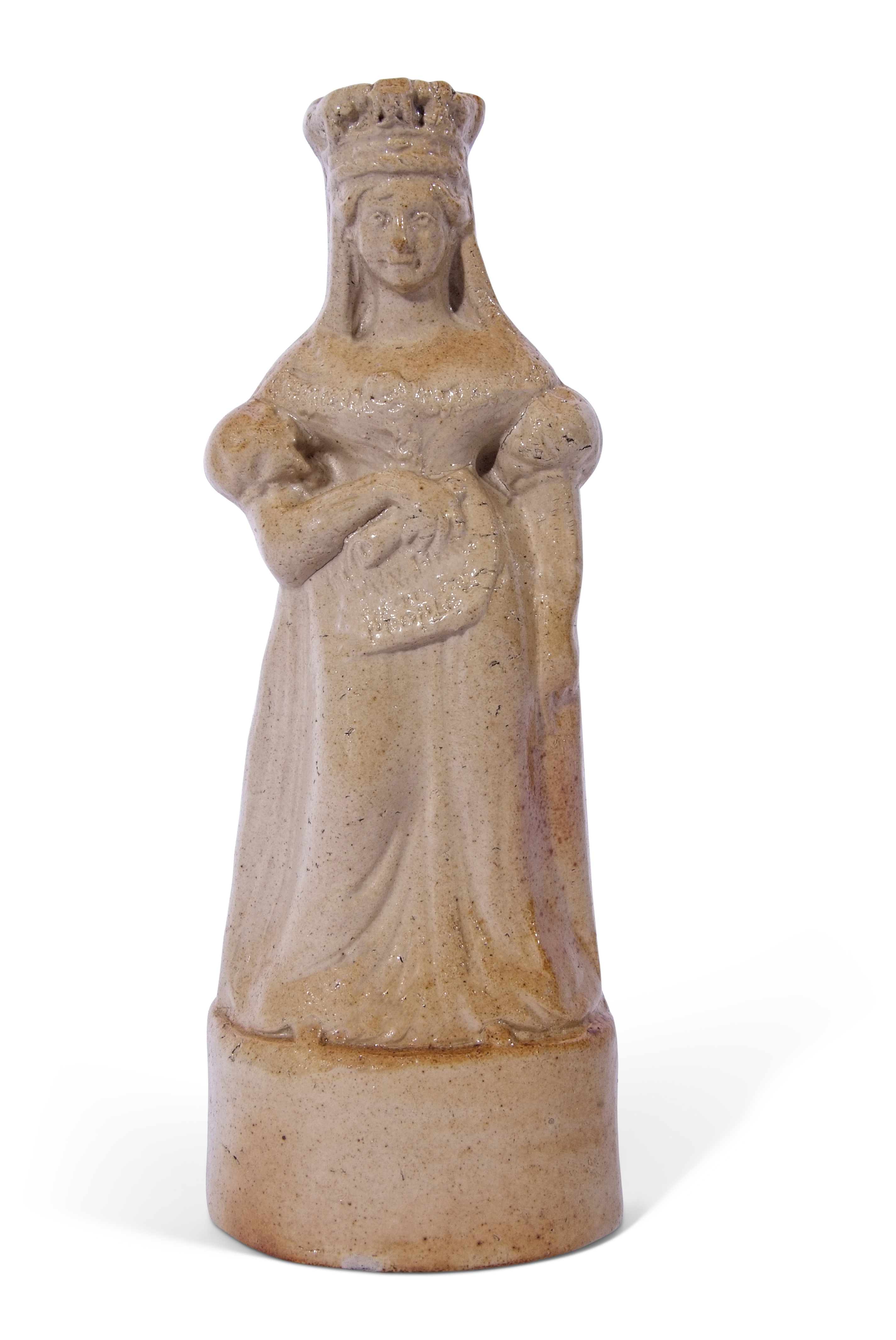 Salt glaze spirit flask, probably Lambeth, modelled as Queen Victoria holding a scroll, impressed "