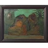 Faraj Abou (Iraqi, 1921-1984), 'Women of the Village'. Oil on canvas, signed 1970, 48 x 64cm