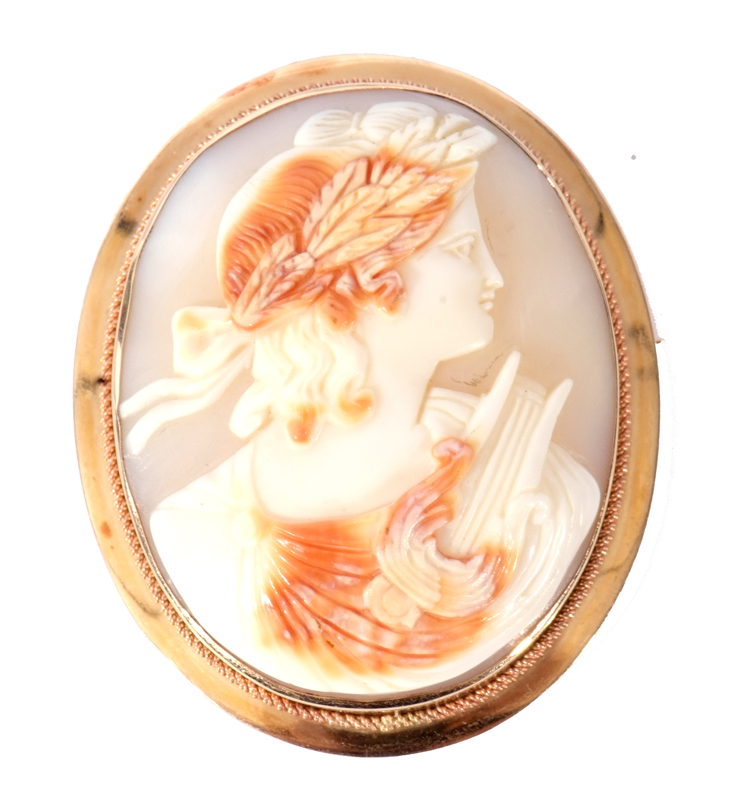 Large oval carved shell cameo depicting a Bacchanalian lady, 6 x 5cm, framed in a 14K stamped mount - Image 2 of 3