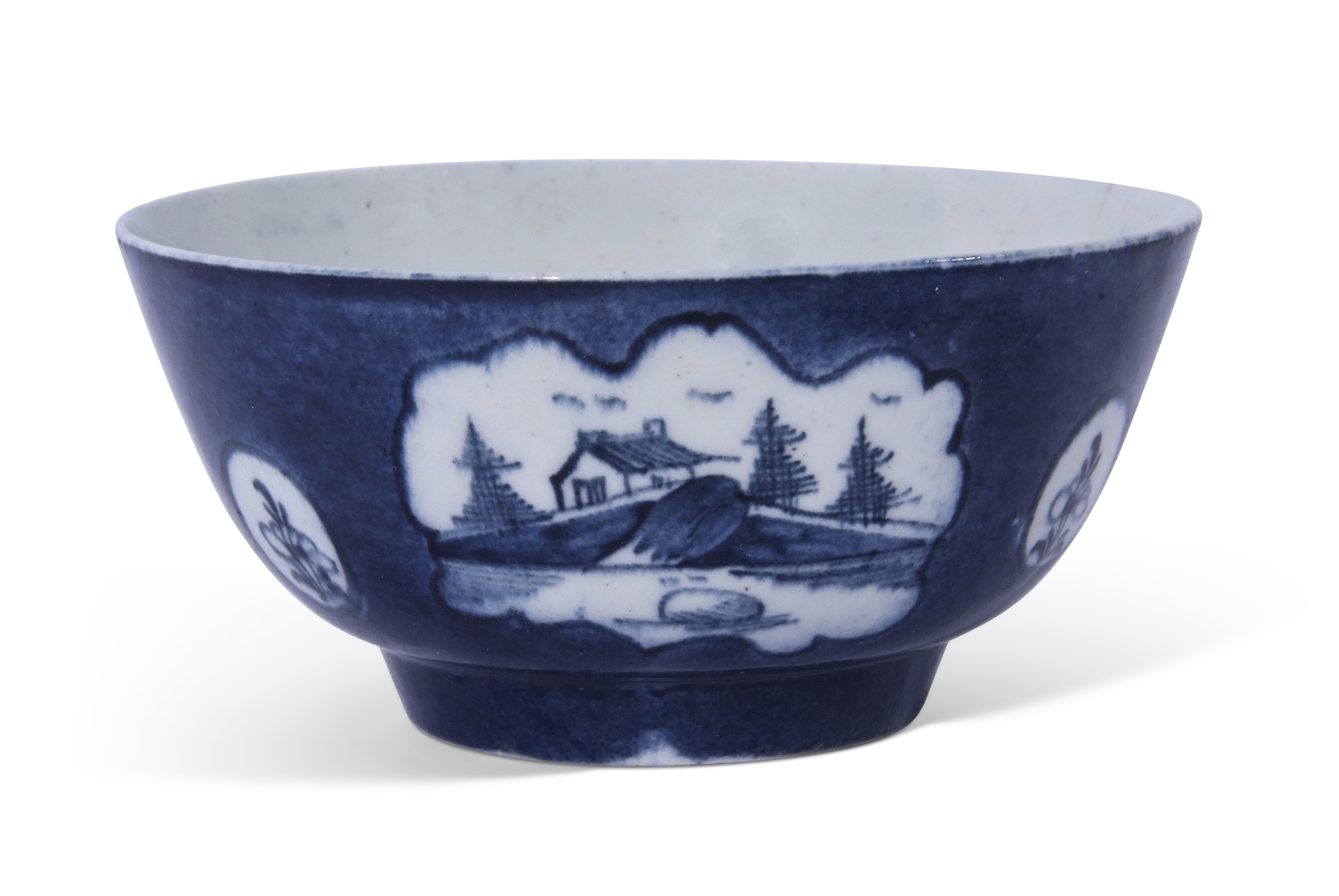 Small Lowestoft bowl, powder blue ground, with vignettes of a house and flowers, label to base for