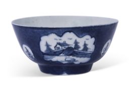 Small Lowestoft bowl, powder blue ground, with vignettes of a house and flowers, label to base for