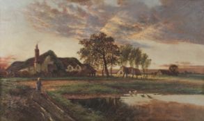 William Henry Davis (British, c.1786-1865), A pastoral scene at sunset with thatched cottages