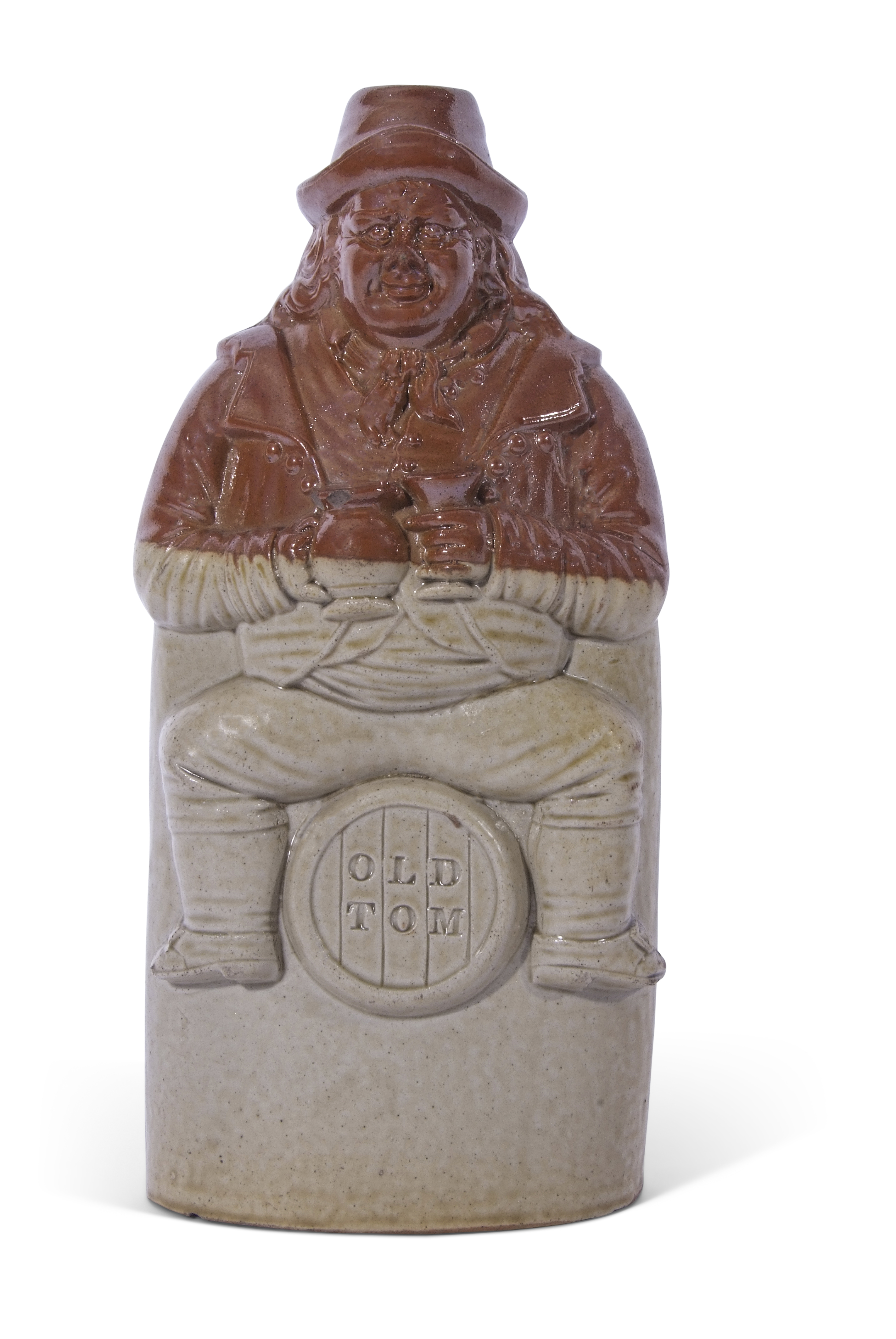 Brampton (Oldfield Pottery) flask moulded as a man on a barrel with the title "Old Tom", impressed
