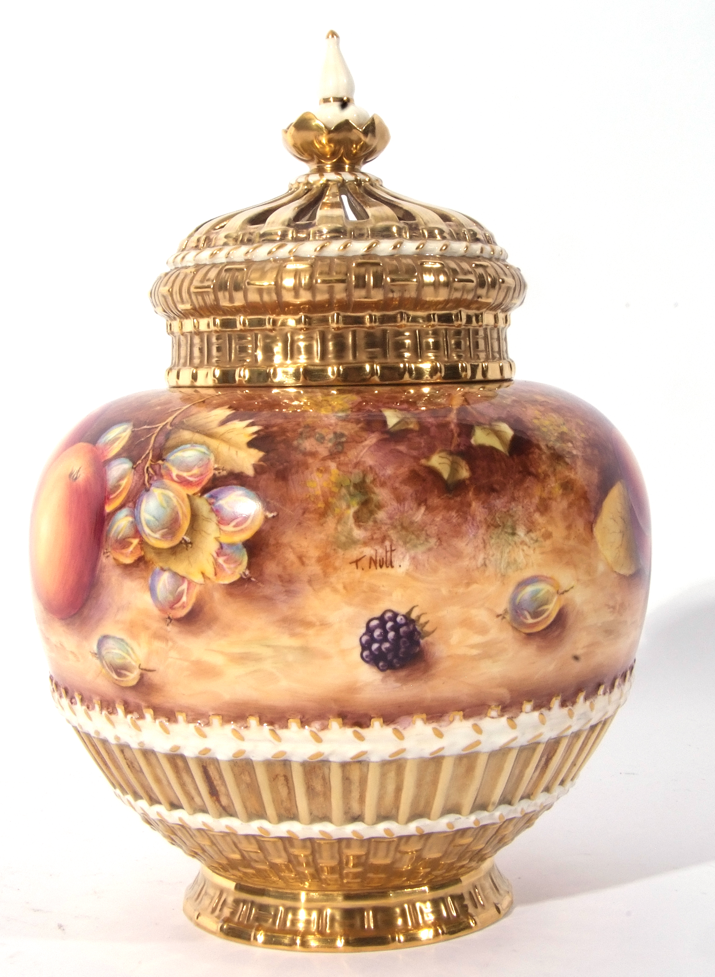 Royal Worcester large vase decorated with fruit, signed by T Nutt, with reticulated gilt cover and - Image 4 of 9