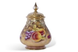 Royal Worcester vase with reticulated cover decorated with fruit, signed by N Bunegar, factory
