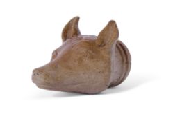 Salt glaze flask in the shape of a fox's head, marked around neck "Stephen Green Imperial Potteries,