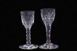 Two cordial glasses with faceted stems, one with shaped foot, one with engravings of flowers (2),