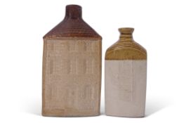 Salt glaze spirit flask with impression of Crystal Palace, together with a larger flask modelled