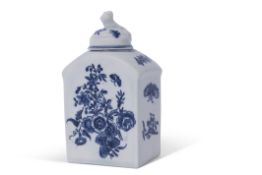 Lowestoft porcelain tea caddy and cover decorated in underglaze blue with Worcester style prints,