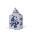 Lowestoft porcelain tea caddy and cover decorated in underglaze blue with Worcester style prints,