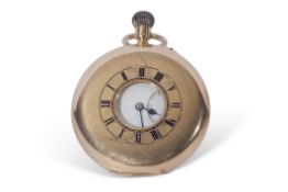 Second quarter of 20th century gents 18ct gold cased half hunter pocket watch having blued steel