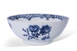 Large Lowestoft bowl with a painted design of flower heads, the interior with elaborate hatched