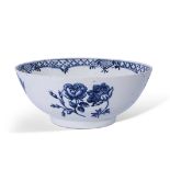 Large Lowestoft bowl with a painted design of flower heads, the interior with elaborate hatched