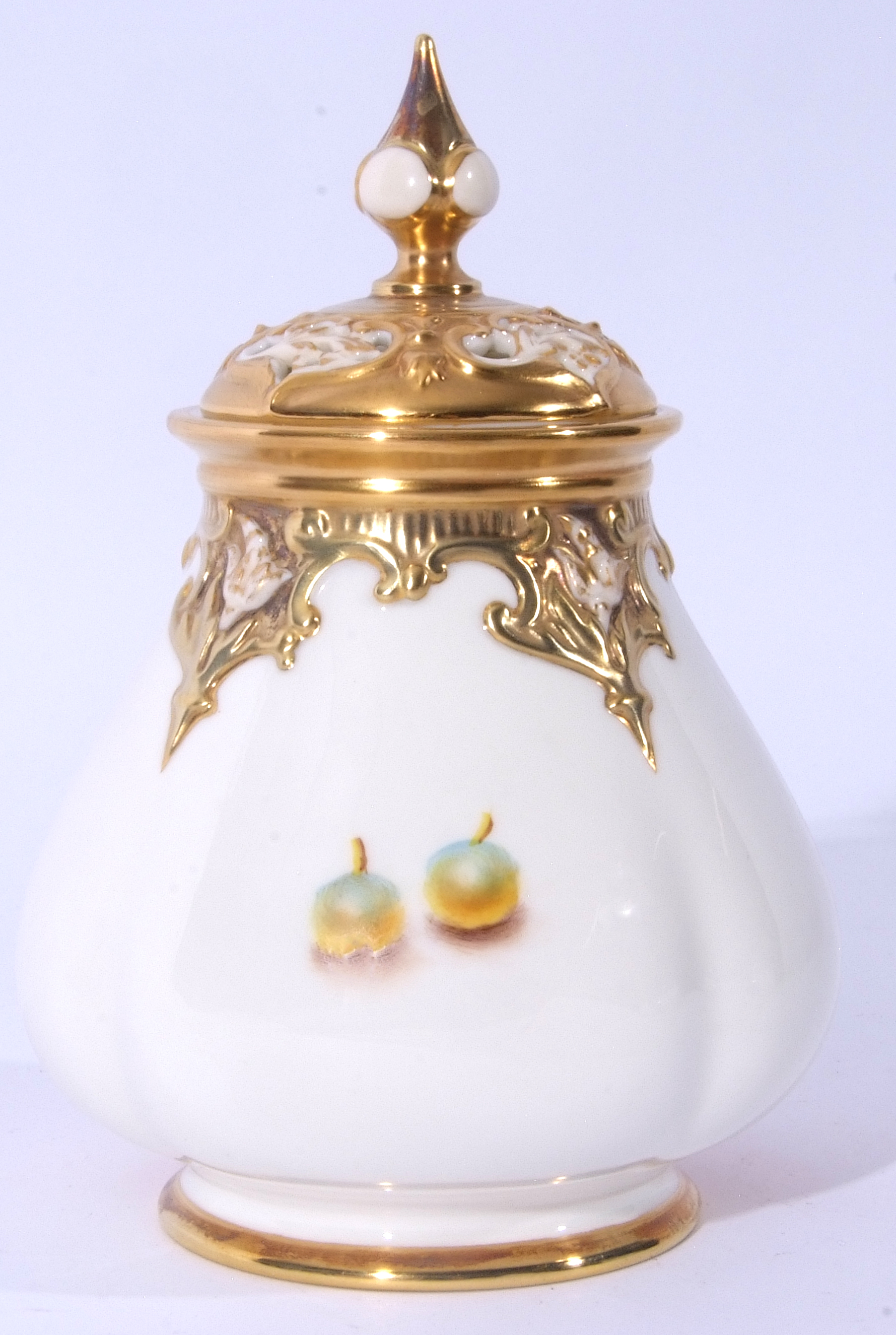 Royal Worcester vase with reticulated cover decorated with fruit, signed by N Bunegar, factory - Image 5 of 9