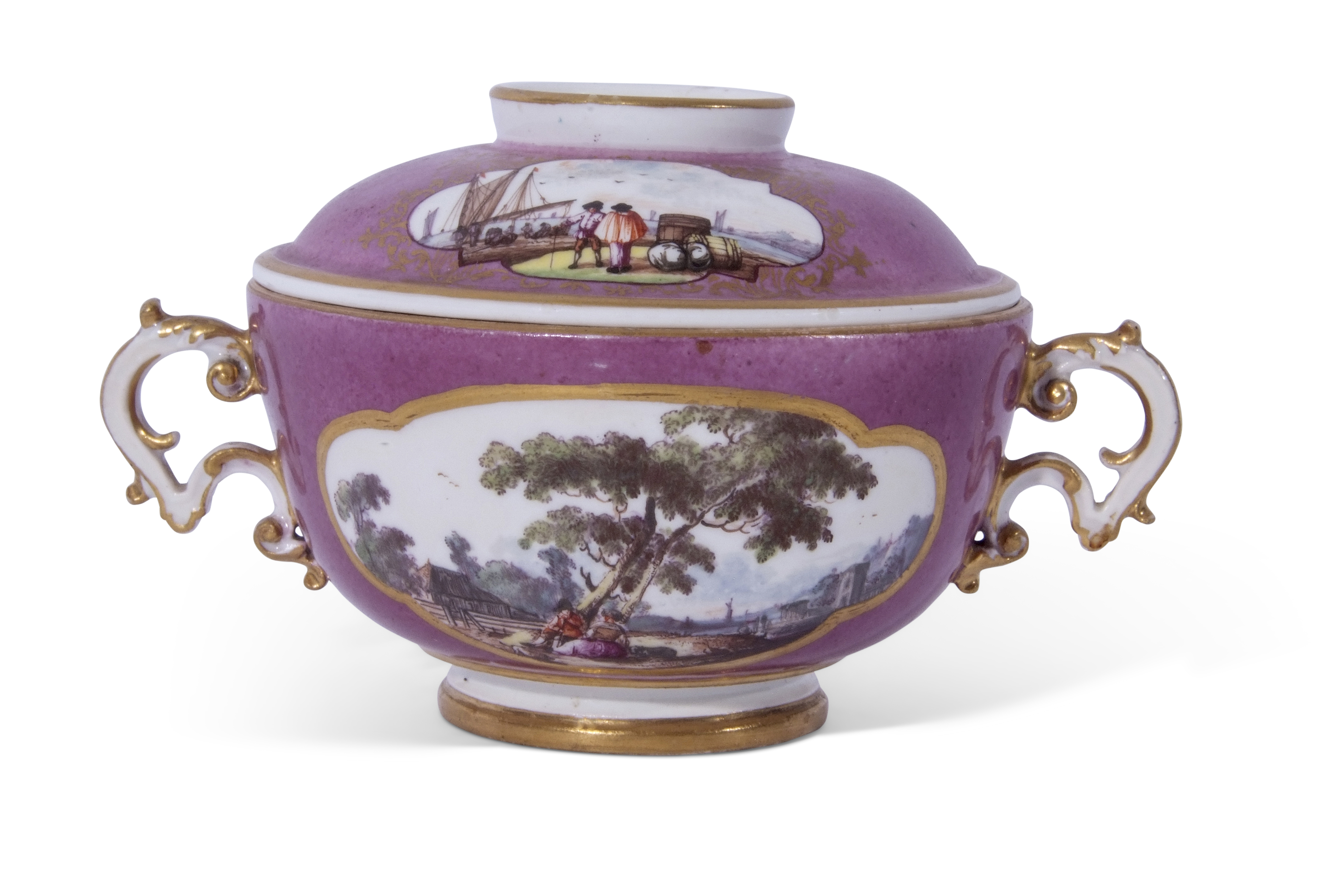 Mid-18th century Meissen ecuelle and a cover, the base painted with two panels of landscapes on a