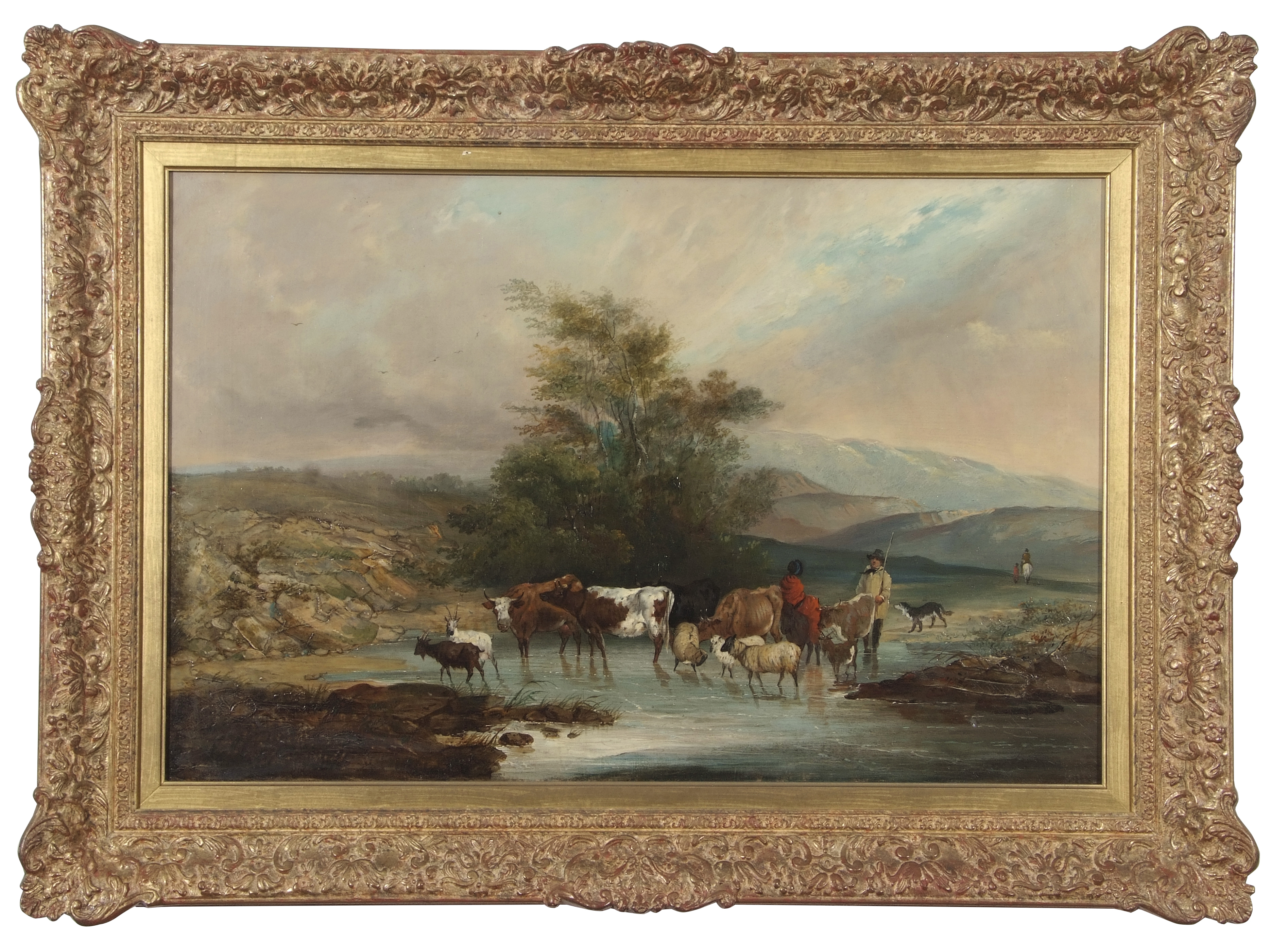 English School, 19th Century, ªFamers with livestock crossing a ford, other figures on the road