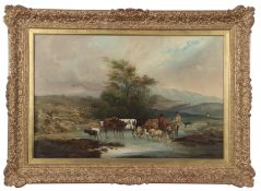 English School, 19th Century, ªFamers with livestock crossing a ford, other figures on the road