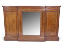 Victorian burr walnut break front sideboard with central mirror door flanked by a plain figured