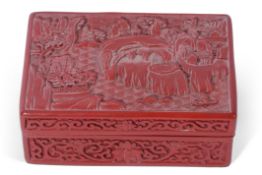 Chinese cinnabar cigar box, the lid modelled with a mountainous scene, 16cm long. Provenance: the