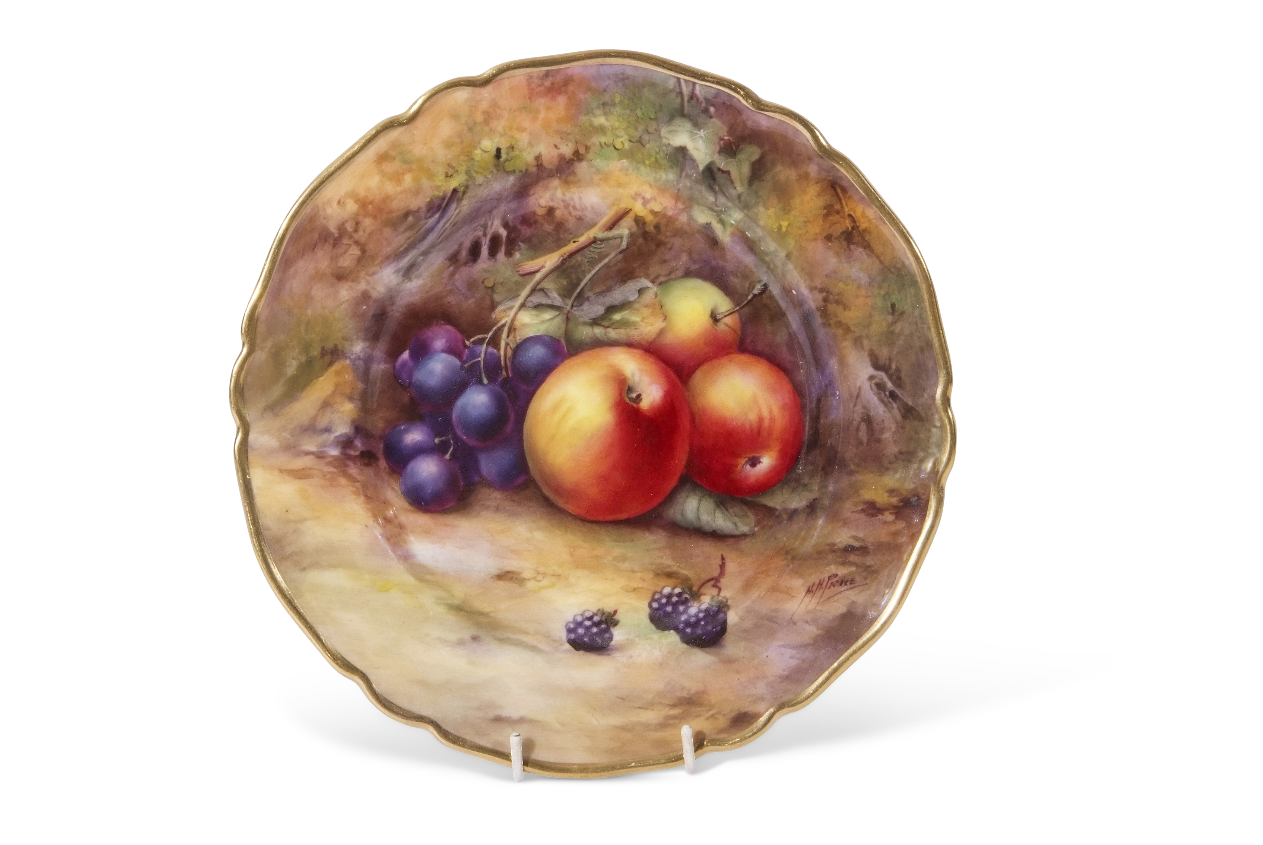 Royal Worcester plate decorated with fruit, signed by H Price, within a shaped gilt rim border, puce