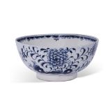 Lowestoft porcelain slop bowl decorated in underglaze blue with trailing plants and flowers, 15cm