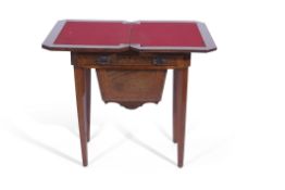 Victorian burr walnut work/games table, the top table swivels and folds to reveal a baize top card