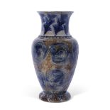 Bailey Fulham Art pottery vase with a blue scrolling design on grey green ground, the base impressed