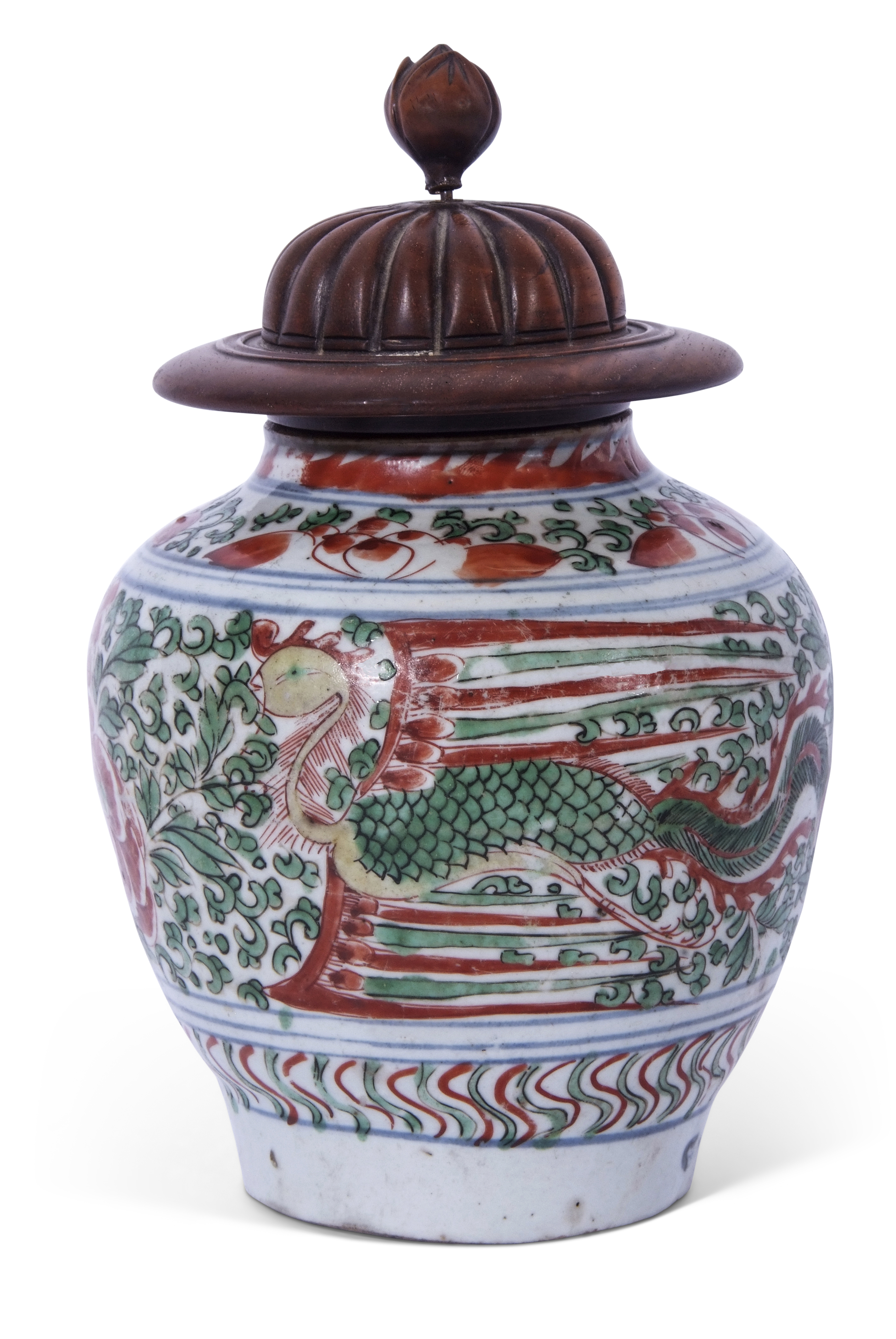 Ceramic jar, possibly Middle Eastern, decorated in iron red and green enamels with a Ming type