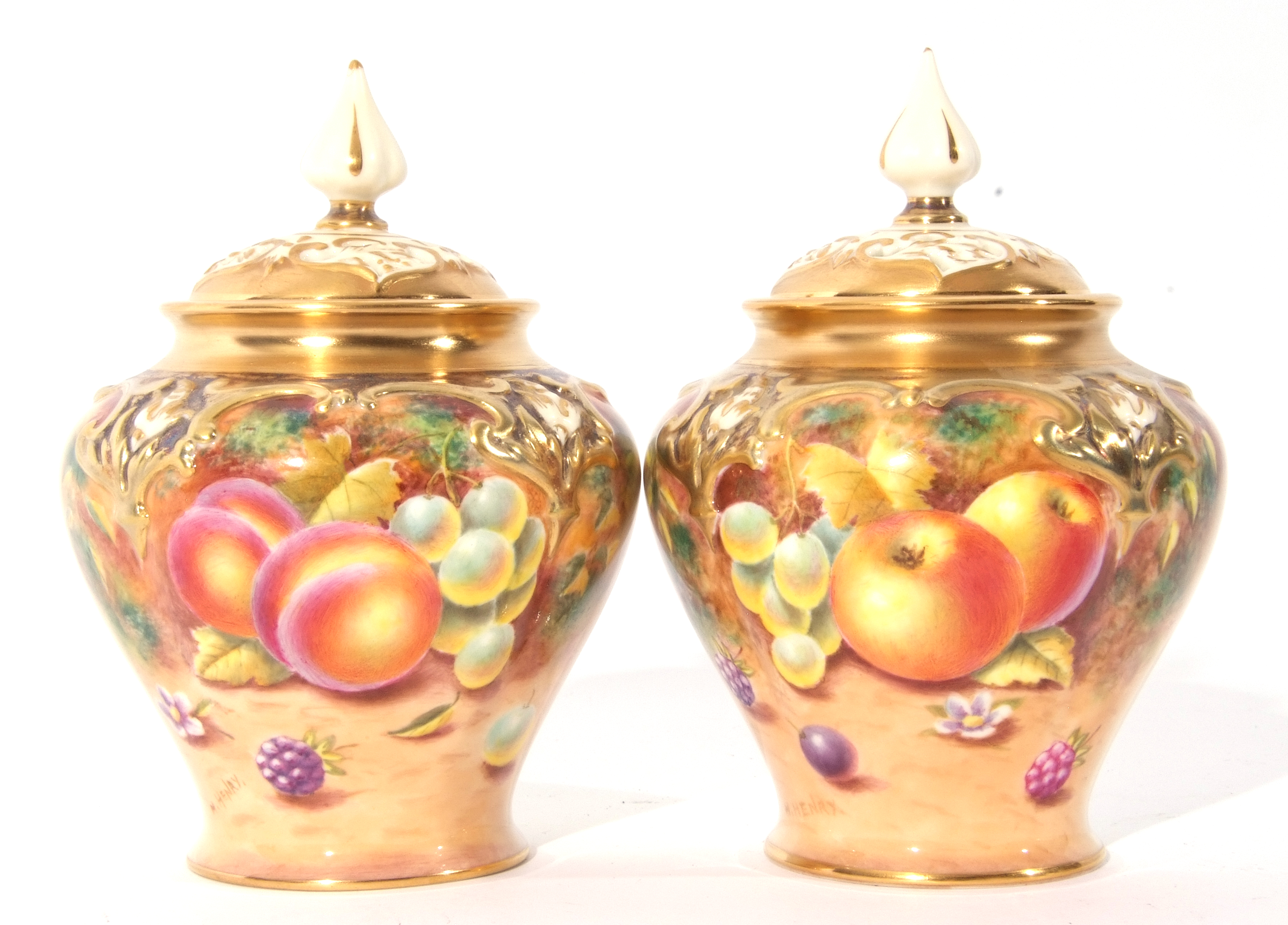 Small pair of Royal Worcester vases decorated with fruit, both signed H Henry, Royal Worcester black - Image 2 of 8