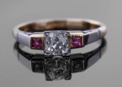 Art Deco diamond and ruby ring featuring a round brilliant cut diamond, 0.40ct approx, raised in a