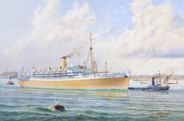Kenneth Grant (British b.1934), Portrait of the ocean liner RMS Orion departing Tilbury, c.1950. Oil